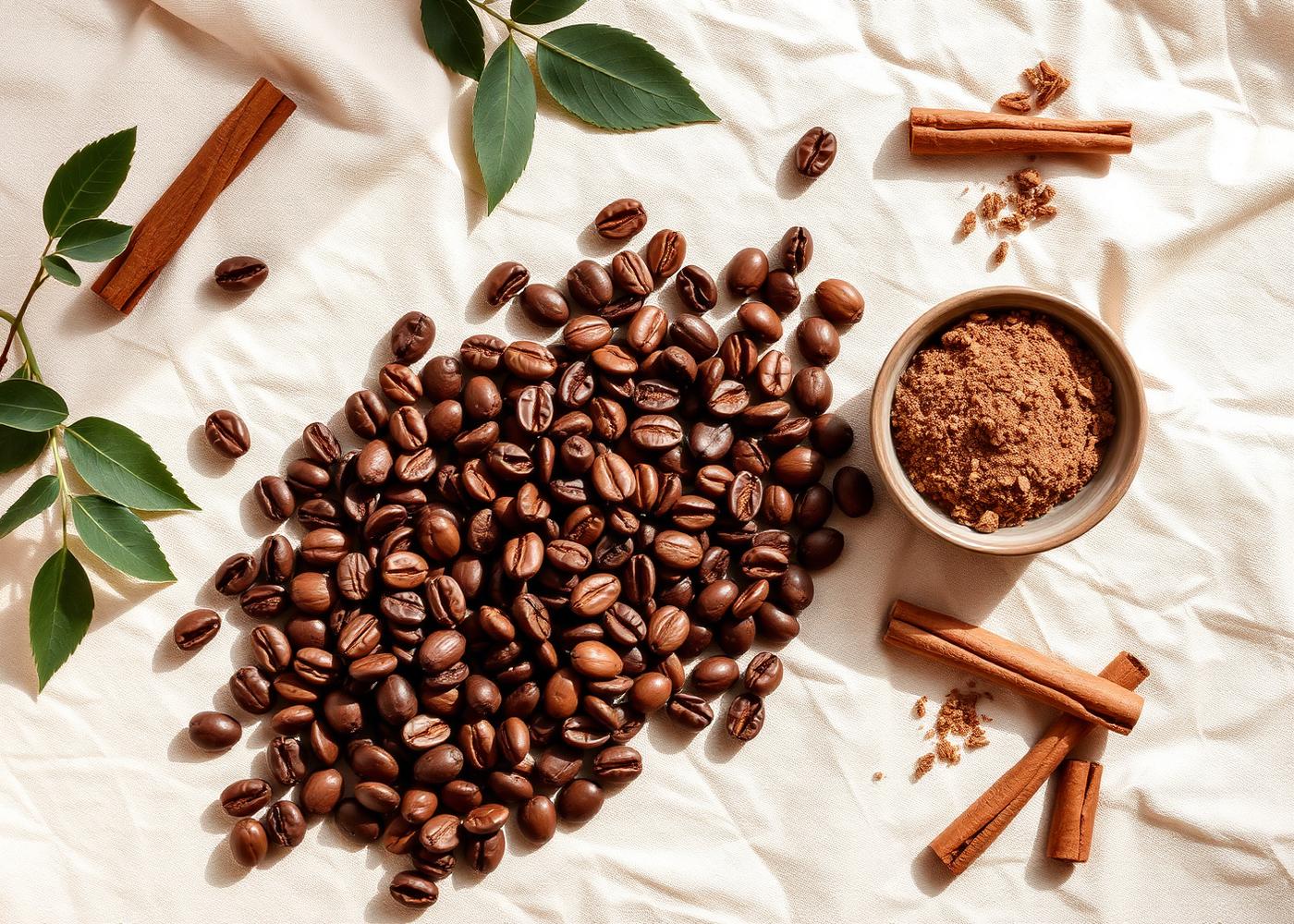 Coffee beans, cinnamon and fibre powder on cream linen